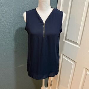 Tahari Navy Zip-Front Sleeveless Blouse Size SP Casual Chic Office